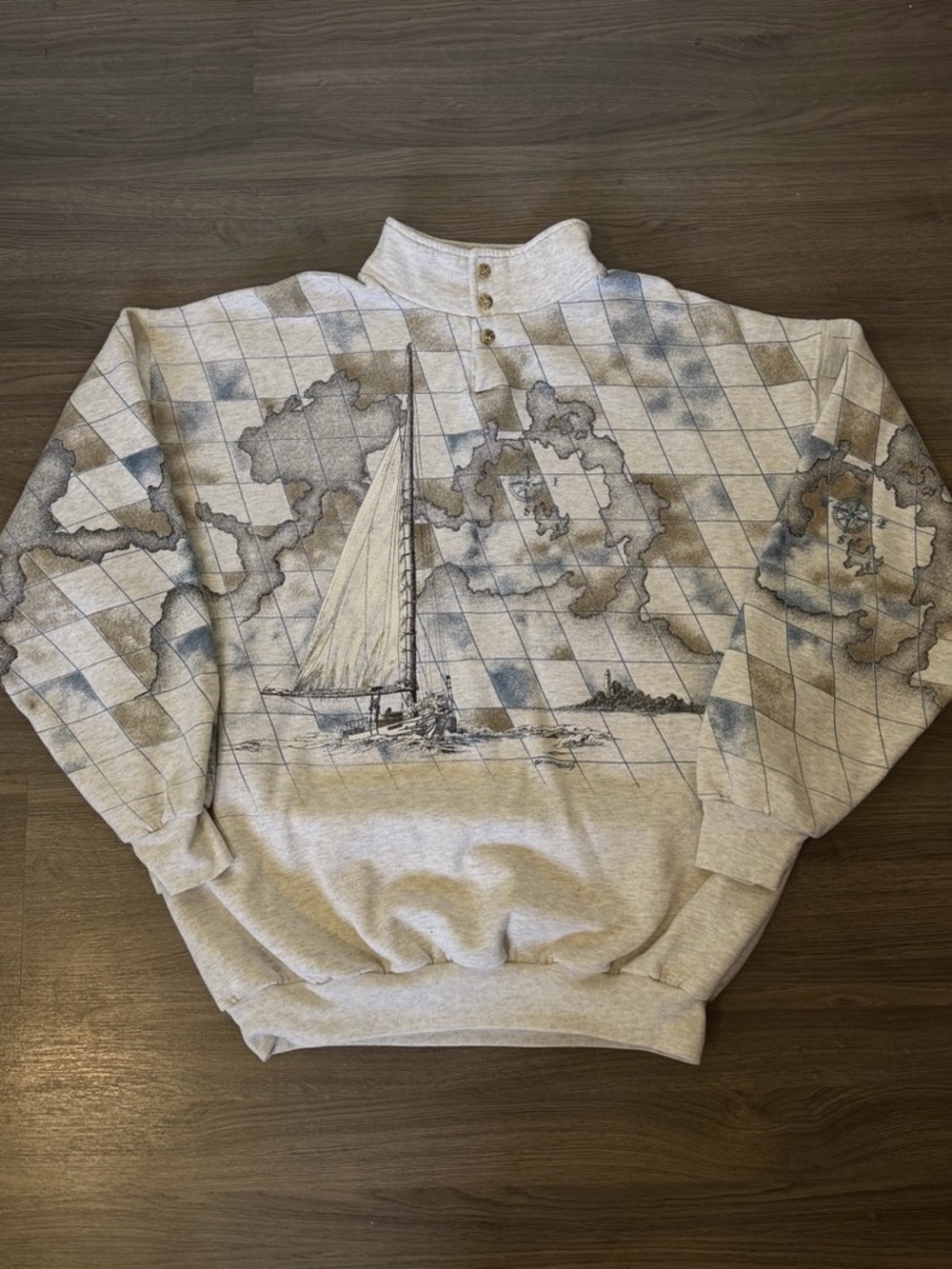 Vintage Art Unlimited Sailing Map Yacht Graphic Sweatshirt in Heather Grey Blue